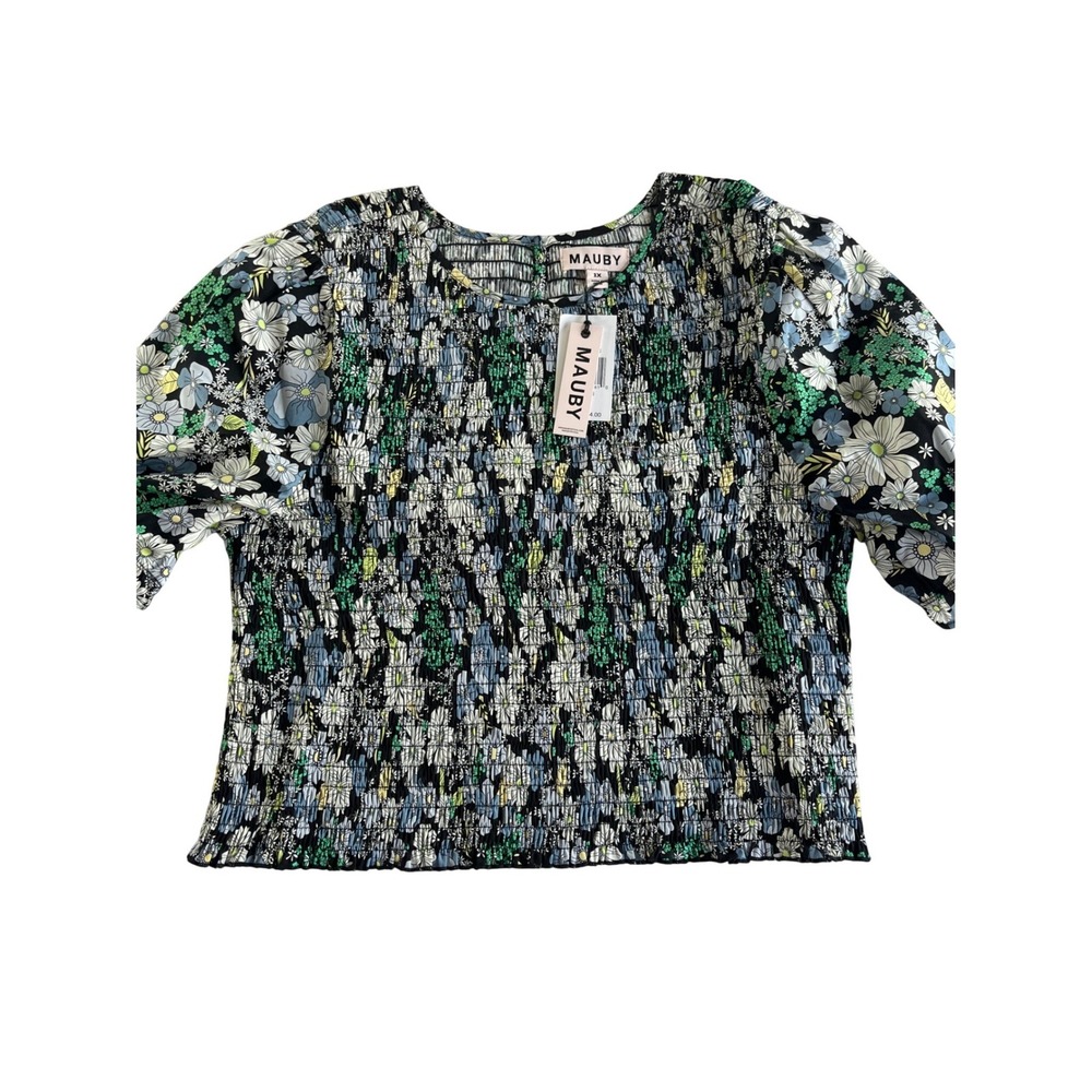 MAUBY Women Plus 1X Smocked Floral Puff Sleeve Cotton Blouse Top NWT 4QAAX